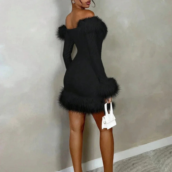 Black Party Women's Off Shoulder Long Sleeve Fitted Dress With Furry Decor - Picture 2 of 5